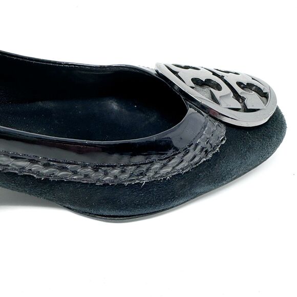 Tory Burch Frannie Reva Pumps 8.5 Black Suede Croc Trim Silver Logo Block Heels - Picture 9 of 14